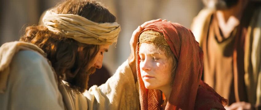Jesus gently touching a women forehead in an act of healing and compassion.