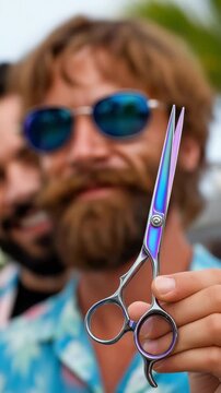 Bearded man showcasing stylish scissors with enthusiastic expression in tropical setting