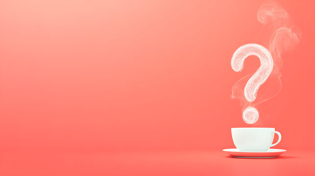White cup with steam and a question mark on a bright red background