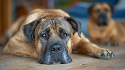 A close-up of a large dog calmly resting on a smooth oak floor, glossy reflections enhancing the scene, relaxed posture and slow breathing captured realistically, while a second do