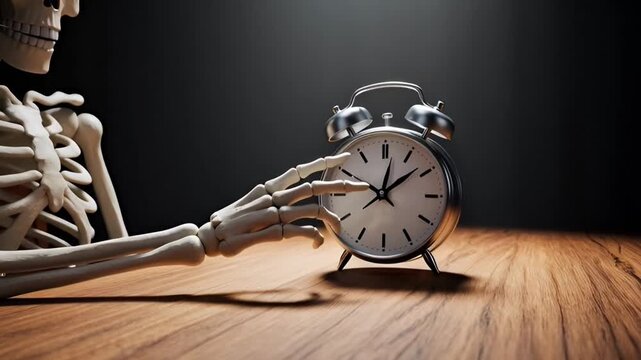Cinematic footage of a skeleton beside an alarm clock representing time passing, mortality, and existential reflection