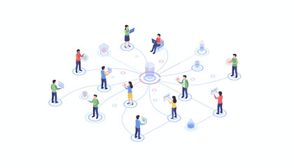 Naklejka premium Teamwork and Collaboration Isometric Flat Vector Illustration on White Background. Clean isometric flat vector illustration of a business team working together, representing teamwork and collaboration