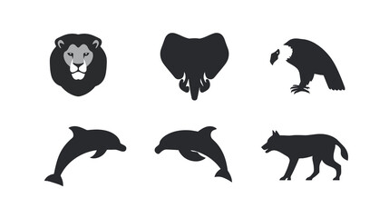Lion, Elephant, Eagle, Dolphin, Wolf - Solid Black Silhouettes on White Background