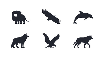 Obraz premium Lion, Eagle, Dolphin, Wolf, Hawk – Flat Vector Graphics on White Background