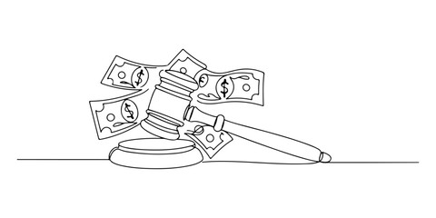 Continuous one line of a gavel surrounded by currency notes, drawn illustration. © Haus