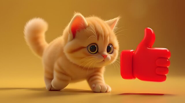 A small 3d animated kitten walks confidently across a yellow surface next to a floating red thumbs up like button.
