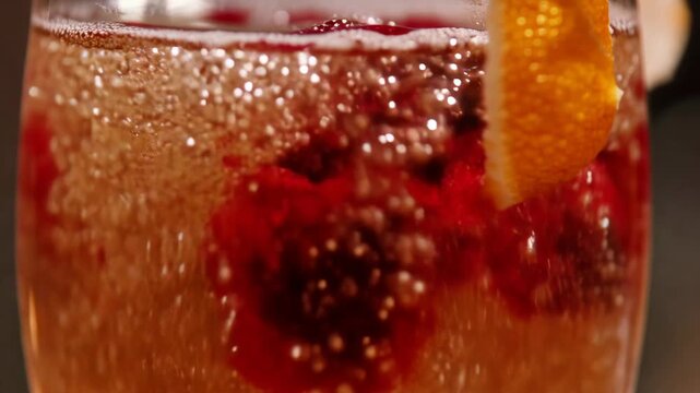 Close up view of sparkling cocktail with red fruit and orange zest garnish displaying refreshment