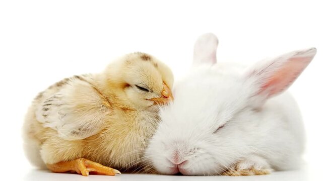 Yellow chick and white rabbit snuggling peacefully on white background