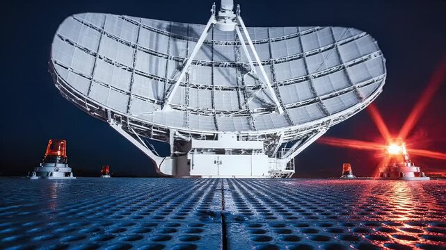 Night Satellite Dish Antenna On Rooftop Scene.