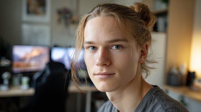 Portrait of Young Man with Low Bun