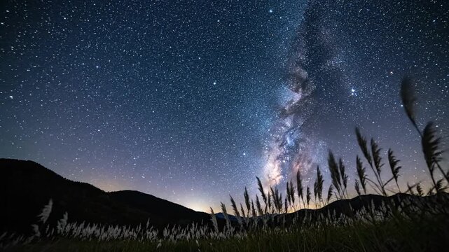Milky Way galaxy over mountains and pampas grass at night