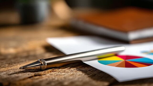 Pen and piece of paper featuring pie chart to represent data analysis and workforce forecasting in business strategies, with copy space