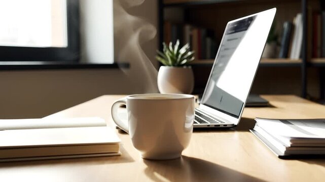 laptop on light wooden desk beside coffee cup, stacked books, natural light fills workspace, captured in medium shot