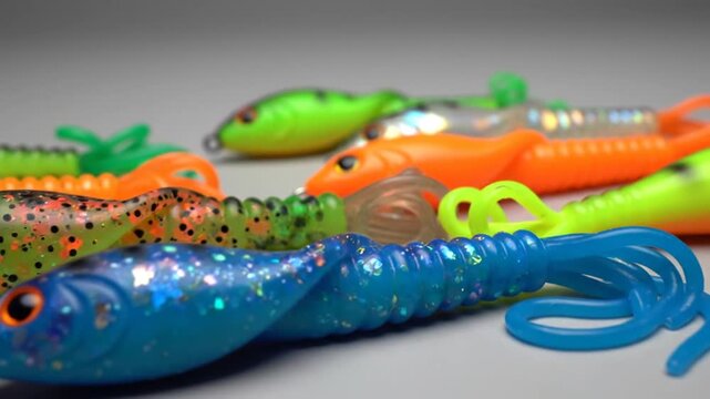 Various colorful fishing lures arranged on a light background
