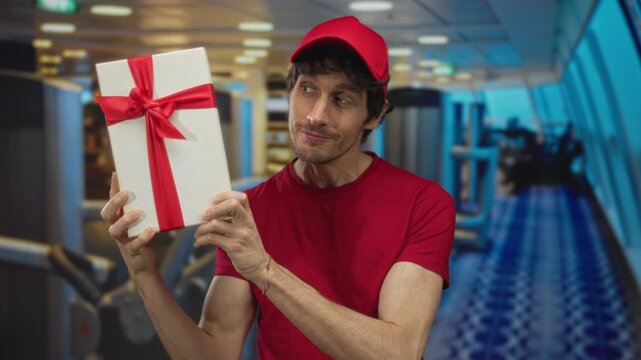 Man in red cap holds white gift box inside a gymnasium with treadmill and equipment visible; excitement.