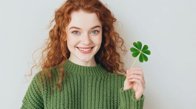 A young Caucasian woman with curly red hair smiles while holding a green four-leaf clover. She wears a cozy green sweater, celebrating St. Patrick's Day.