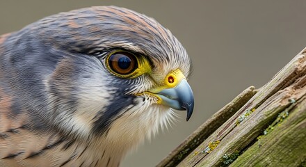 Naklejka premium Close-up of a sharp-eyed bird of prey perched on weathered wood.