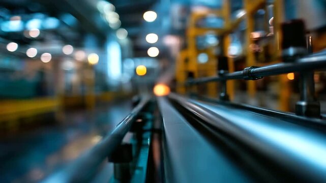 High-resolution view of factory automated assembly line with pipes and conveyor belts, seamless process under bright industrial lighting, with copy space