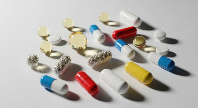 Assorted colorful pills scattered on a white surface for medication display