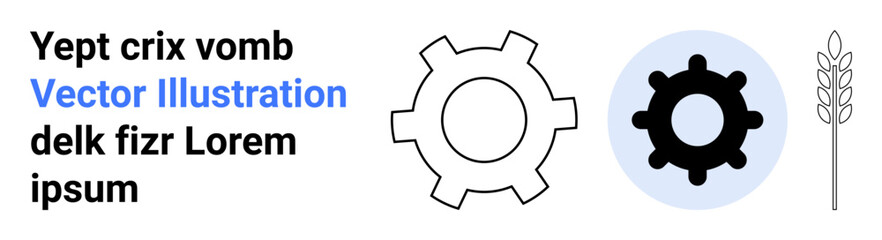 Gear icons in black and outline styles alongside a wheat stalk evoke themes of technology, agriculture, and productivity. Ideal for industry, innovation, farming, mechanics, automation © robu_s