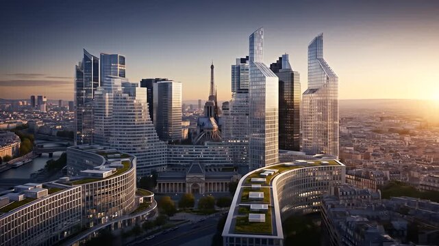 Cityscape featuring modern architecture with older buildings in the background at sunset