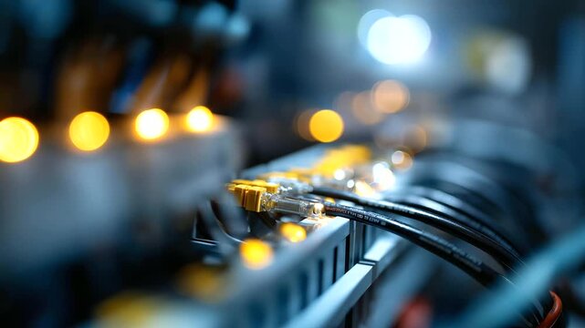 Artistic close-up of controller modules on rail, shadowed contours with glowing background, futuristic industrial feel, with copy space