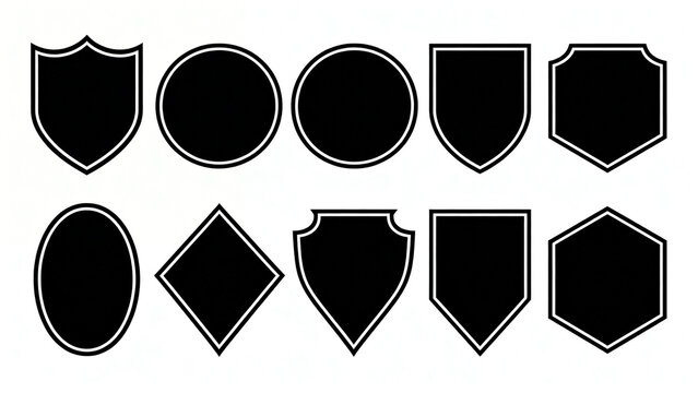 is a vector illustration featuring a collection of ten black shield silhouettes arranged in two rows against a white background. The