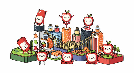 Fototapeta premium Cute Kawaii Sushi and Ramen Food Characters Having Fun Together.