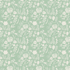 Soft sage green seamless botanical pattern with white leaves and roses. Delicate vintage background ideal for fabric, stationery and wallpaper design.