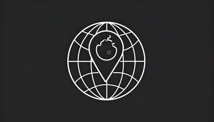 A white outline of a globe with a locator pin overlaying it. The pin's point is towards a central, detailed location