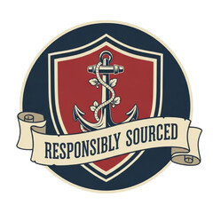 Fototapeta premium Responsibly sourced vintage anchor badge. Nautical shield with vine and ribbon banner. Sustainable seafood and ethical fishing certification label. Marine eco friendly emblem vector illustration.