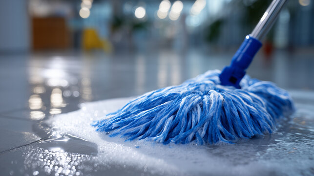 Macro perspective of mop fibers absorbing soapy water as they move over smooth tile, blue mop head glistening, hand applying gentle pressure, reflections on glossy floor highlighti