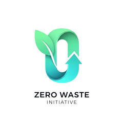 Fototapeta premium Zero waste initiative modern 3D logo. Gradient number 0 with green leaf and recycle arrow loop. Sustainable circular economy and ecology icon. Nature conservation symbol vector illustration.