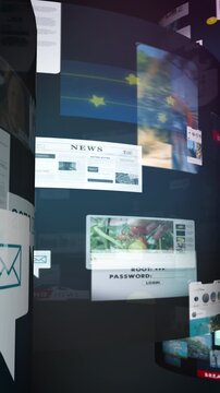 Vertical social media content carousel with floating posts and notification counter, representing influencer marketing, online engagement, digital trends and interactive web platforms.