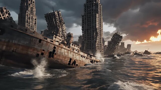 Ruined City Skyline With Sinking Behemoth Vessels.