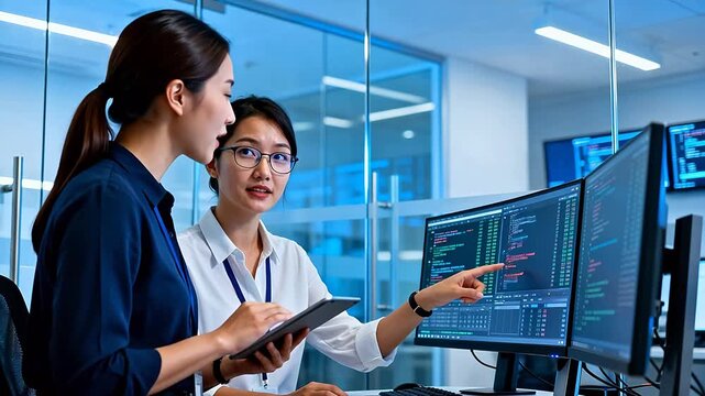 Two women working on computers in office