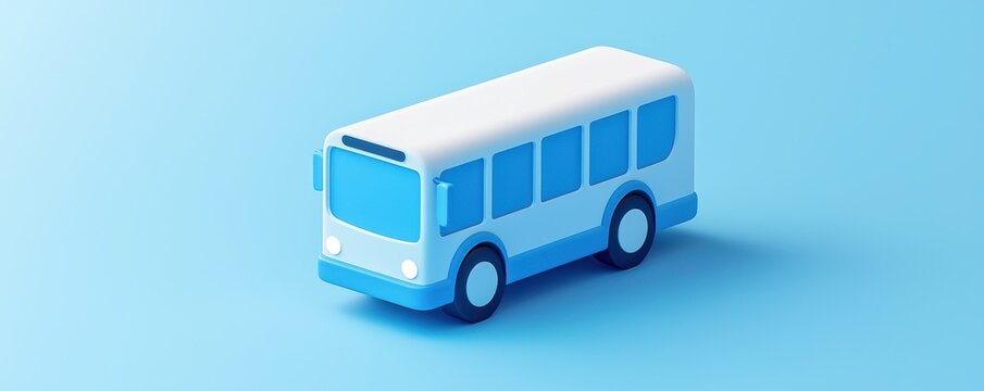 Isometric 3D illustration of a white and blue bus icon