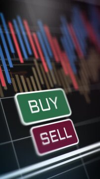 Vertical stock trading display with candlestick graph and highlighted buy sell controls, emphasizing financial decision making, market fluctuations and digital investment platforms.