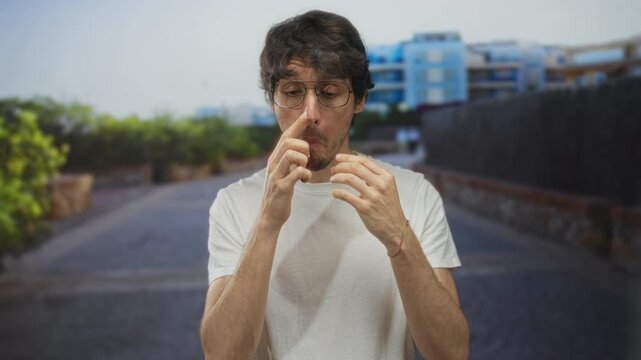 Man with eyeglasses touches scruffy chin and pinches nose under bright sunlight on city street; disgust.