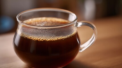 Fototapeta premium Close up of hot freshly brewed coffee in a transparent glass mug on a wooden table with a soft focus background
