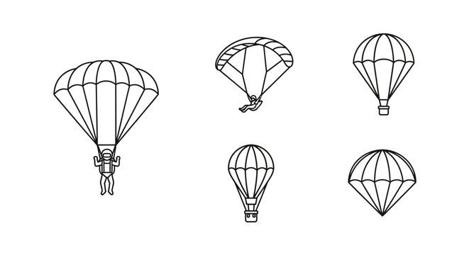 Parachute icons set, skydiving and parachuting