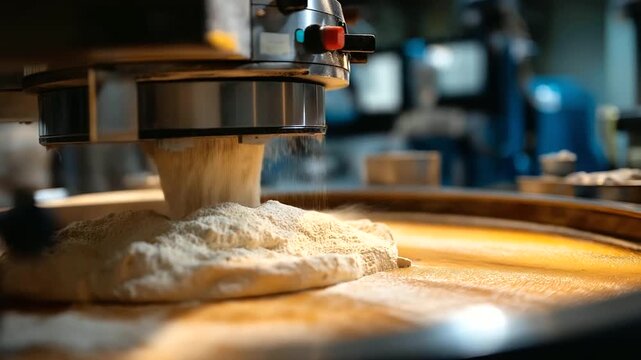 Close-up of automated grain milling machine in action, flour dust floating, colorful control panels and stainless steel surfaces reflecting light, with copy space