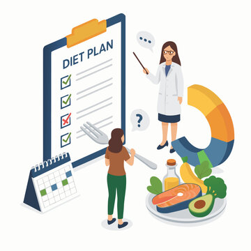 A vector graphic illustration of a dietitian presenting a meal plan to a client