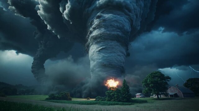 Tornade monstrueuse mena&ccedil;ant une maison isol&eacute;e avec explosion de feu