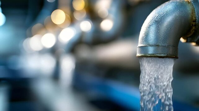 Close-up of complex factory pipes with condensation dripping from metallic surfaces, steam rising in sleek high-tech facility, with copy space