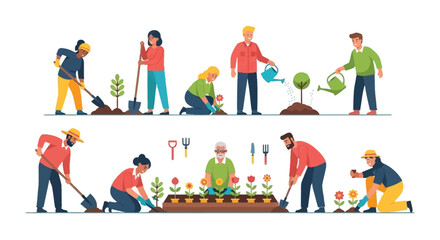 A diverse group of people are gardening planting and tending to plants in a colorful illustration silhouette high quality professional © GDOthoi02