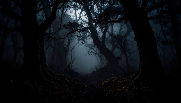 Mysterious dark forest with twisted ancient trees covered in moss and surrounded by dense blue fog, the eerie woodland. Concept of mystery, fantasy, fear, solitude, and untouched nature