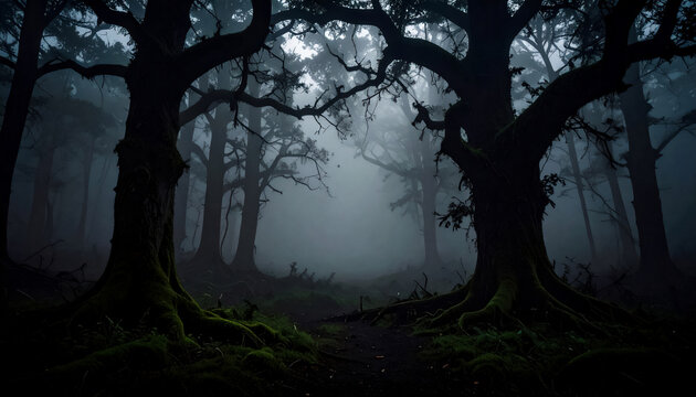 Mysterious dark forest with twisted ancient trees covered in moss and surrounded by dense blue fog, the eerie woodland. Concept of mystery, fantasy, fear, solitude, and untouched nature