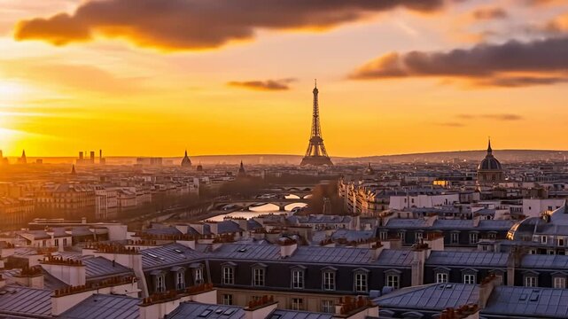 Cityscape aerial view shows roofs and the Eiffel Tower during a vibrant orange sunrise
