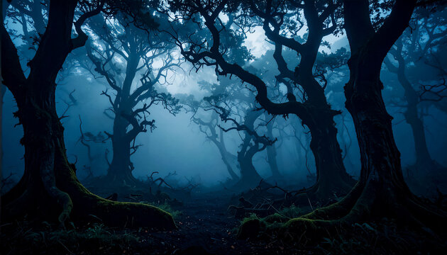 Mysterious dark forest with twisted ancient trees covered in moss and surrounded by dense blue fog, the eerie woodland. Concept of mystery, fantasy, fear, solitude, and untouched nature